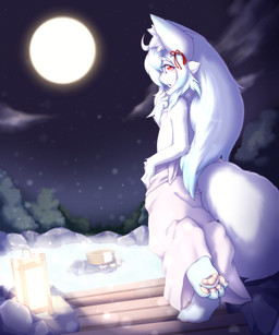 4_toes accessory anthro biped blush bucket cheek_tuft claws clothed clothing cloud container detailed_background digitigrade facial_tuft feet female female_anthro finger_claws flat_chested fluffy fluffy_hair fluffy_tail full_moon fur hair hair_accessory hindpaw hot_spring humanoid_hands inner_ear_fluff kemono lamp lantern light loli long_hair looking_at_viewer looking_back monotone_body monotone_fur monotone_hair moon night nipples onsen open_mouth outside pawpads paws pink_eyes pink_nipples pink_nose pink_pawpads plant rear_view sky soap solo standing star starry_sky tail toe_claws toes topless towel towel_only tree tuft water white_body white_fur white_hair young young_anthro hazukikai mizumi_(pharrox) canid canine fox mammal 5:6 hi_res