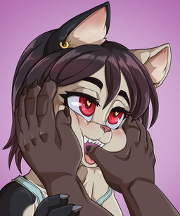 ambiguous_gender anthro black_hair duo ear_piercing ear_ring finger_in_mouth fish_hooking fur hair heart_eyes heart_symbol mouth_play piercing pink_nose red_eyes ring_piercing tan_body tan_fur young young_ambiguous daigaijin domestic_cat felid feline felis mammal 5:6 hi_res