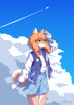 aircraft airplane anthro arm_markings black_nose blue_clothing blue_jacket blue_topwear bottomwear chest_markings closed_smile clothing cloud ear_markings ears_front facial_markings female hair hand_markings head_markings jacket leg_markings logo looking_aside markings miniskirt mouth_closed orange_body orange_ears orange_eyes orange_hair pigtails shirt skirt sky smile snout solo tail tail_markings topwear vehicle white_clothing white_shirt white_topwear falseconstruct canid canine canis domestic_dog herding_dog mammal pastoral_dog welsh_corgi 2025 absurd_res artist_logo digital_media_(artwork) hi_res pastel_theme signature