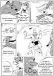 anthro balls big_balls bottomwear bulge canid canine canis clothing comic crocodile crocodilian dialogue digital_drawing_(artwork) digital_media_(artwork) english_text felid femboy genitals greyscale group heart_eyes heart_symbol hi_res hoshi_(a_side) huge_balls hyper hyper_balls hyper_genitalia jockstrap lion loincloth male male/male mammal monochrome muscular pantherine profanity raccoon_dog reagan700 reptile scalie slightly_chubby tanuki text underwear wolf