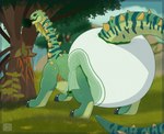 ambiguous_gender big_diaper claws clean_diaper clothed clothing cloud detailed_background diaper eating feral furgonomics green_body open_mouth outside plant sky solo tail tree wearing_diaper bougie blizzard_entertainment warcraft brutosaur dinosaur prehistoric_species reptile scalie hi_res