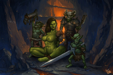 abs armor axe big_breasts bound breasts cave clothing crossed_legs ear_piercing ear_ring eye_patch eyewear female gauntlets gloves green_body green_nipples green_skin group handwear male melee_weapon muscular muscular_female nipples not_furry nude piercing pubes ring_piercing rope sword tusks weapon yellow_eyes justsomenoob bethesda_game_studios microsoft skyrim the_elder_scrolls goblin humanoid mammal orc 3:2 absurd_res digital_media_(artwork) digital_painting_(artwork) hi_res painting_(artwork)