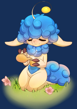2_fingers anthro beverage blue_body blue_fur blue_hair calm container cup eyes_closed fingers flower fur grass hair kneeling liquid male plant simple_background smile solo tan_body tan_fur tea teapot transparent_background chloe-dog bovid caprine fantasy_creature mammal sheep 2018 alpha_channel hi_res