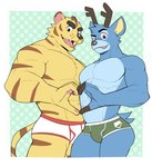 anthro blue_body blue_fur briefs bulge clothed clothing countershading dotted_background duo fur gesture heart_gesture heart_symbol horn male male/male muscular muscular_anthro muscular_male pattern_background pecs simple_background striped_body striped_fur stripes topless underwear jrjresq animal_crossing nintendo bam_(animal_crossing) tybalt_(animal_crossing) deer felid mammal pantherine tiger hi_res