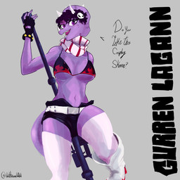 alternate_costume anthro belt black_bikini_top black_bottomwear black_clothing black_gloves black_handwear black_shorts bottomwear breasts clothed clothed_anthro clothed_female clothing cosplay facial_horn fantasy_slur female fingerless_gloves fingers frill_(anatomy) front_view gloves grey_background gun hair handwear horn humanoid_hands leggings legwear looking_at_viewer markings medium_breasts navel non-mammal_breasts non-mammal_navel open_mouth open_smile pose purple_body purple_eyes purple_hair ranged_weapon rifle scarf short_hair shorts simple_background skull_accessory smile sniper_rifle solo spots spotted_markings text under_boob weapon white_clothing white_leggings white_legwear anfitrionaaa cavemanon_studios goodbye_volcano_high ko_op_(game_developer) snoot_game tengen_toppa_gurren_lagann trish_(gvh) yoko_littner ceratopsian ceratopsid chasmosaurine dinosaur marginocephalian ornithischian prehistoric_species reptile scalie triceratops 1:1 absurd_res artist_name colored english_text hi_res shaded