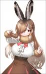 :3 big_breasts blush border bottomwear bow_(feature) bow_tie breasts brown_eyes brown_hair clothed clothing female fur_collar hair hair_over_eye huge_breasts long_hair multicolored_hair one_eye_obstructed shirt skirt solo topwear transparent_border white_hair yoshida_hideyuki kemono_friends european_hare_(kemono_friends) animal_humanoid hare_humanoid humanoid lagomorph lagomorph_humanoid leporid_humanoid mammal mammal_humanoid 2019 5:8 alpha_channel hi_res signature watermark