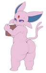 2023 anthro big_butt black_nose blush bottomwear breasts butt closed_frown clothing eeveelution espeon female forehead_gem fur gem generation_2_pokemon head_tuft hi_res holding_bottomwear holding_clothing holding_object holding_skirt long_ears long_tail looking_at_butt looking_at_own_butt looking_back looking_down nintendo nude pink_body pink_fur pokemon pokemon_(species) pupils purple_eyes purple_sclera pururing rear_view short_stack simple_background skirt solo standing tail thick_thighs tuft uncertain white_background white_pupils wide_hips worried worried_look