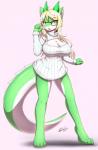 2016 4_toes 5_fingers absurd_res anthro barefoot big_breasts biped blonde_hair bottomless breasts cheek_tuft cleavage cleavage_cutout clothed clothing cutout digitigrade dragon eyewear facial_tuft feet female fingers front_view glasses green_body green_eyes green_scales hair hi_res hiromi_aran horn inner_ear_fluff keyhole_turtleneck long_hair mythological_creature mythological_scalie mythology non-mammal_breasts partially_clothed ribbed_clothing ribbed_dress ribbed_sweater scales scalie signature simple_background solo standing sweater tail tailzkim toes topwear tuft turtleneck white_body white_clothing white_scales