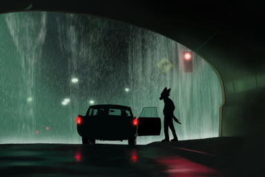 ambiguous_gender anthro bridge car glowing group night open_door outside raining sidewalk standing street taillights traffic_light trio under_bridge vehicle 404piano ambiguous_species canid canine mammal hi_res