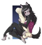 anthro barefoot black_body black_fur black_hair blush bone breasts brown_eyes clothed clothing cute_fangs feet female frown fur guarding hair holding_object shirt simple_background sitting solo tank_top topwear white_background dalehan canid canine canis domestic_dog mammal