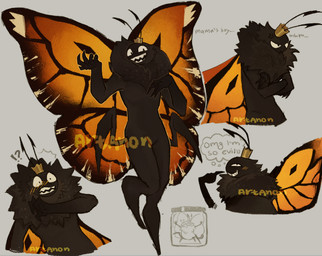 2_antennae 4_legs 5_fingers alternate_form antennae_(anatomy) anthro anthrofied big_wings biped black_antennae black_body blue_background blush blush_lines casual_nudity container crown dialogue embarrassed eyespots featureless_crotch fingers glass glass_container glass_jar gold_crown grin grumpy headgear insect_wings lepidopteran_wings male markings monotone_body multicolored_wings nude open_mouth open_smile orange_wings ruff simple_background smile solo spread_wings teeth text thought_bubble toothy_grin trapped wings artanon disney hoppers_(disney) pixar titus_(hoppers) arthropod butterfly insect lepidopteran taur 2026 artist_name digital_media_(artwork) english_text hi_res watermark