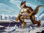 aircraft airplane airport anthro balls bodily_fluids building city claws crush cum destruction detailed_background erection feet foot_crush genital_fluids genitals macro male male/male masturbation micro muscular nude outside penetrable_sex_toy penile penis rampage sex_toy sky solo stomping tail toe_claws vehicle thb886 mythology brutus(carpo) dragon mythological_creature mythological_scalie scalie hi_res