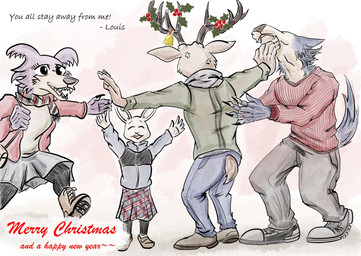 5_fingers angry annoyed anthro antlers arms_out bell boots bottomwear breasts brown_body brown_fur claws clothed clothing cross-popping_vein dialogue eyes_closed fangs female finger_claws fingers footwear fur furgonomics grey_body grey_fur group holidays holly_(plant) horn humanoid_hands jacket male multicolored_body multicolored_fur open_mouth open_smile pants plant pushing pushing_away scarf shoes skirt smile sneakers spread_arms standing sweater tail tail_through_skirt tan_body tan_fur teeth text topwear two_tone_body two_tone_fur white_body white_fur v1p3rw01f beastars christmas haru_(beastars) juno_(beastars) legoshi_(beastars) louis_(beastars) canid canine canis cervine deer domestic_rabbit dwarf_rabbit lagomorph leporid mammal oryctolagus rabbit red_deer wolf 2021 english_text hi_res