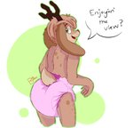 5_fingers anthro antlers brown_body brown_fur clean_diaper clothed clothing diaper fingers fur furgonomics green_eyes horn long_ears looking_back open_mouth solo speech_bubble text wearing_diaper betabrothers jackalope lagomorph leporid mammal rabbit english_text