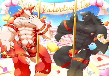 anthro barazoku big_muscles big_pecs bulge clothing duo genitals huge_pecs humanoid_genitalia humanoid_penis looking_at_viewer male muscular muscular_male pecs penis penis_base pole pubes smile stripper_pole underwear daikitei ren_(daikitei) canid canine canis felid mammal wolf absurd_res hi_res