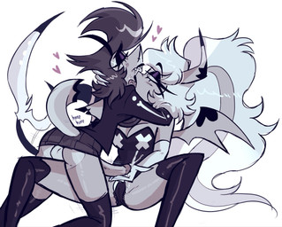 anthro backsack balls bent_leg big_breasts big_penis bodily_fluids breasts clothed clothing crossgender cum dress duo female genital_fluids genitals grinding grinding_on_leg gynomorph gynomorph/female hair heart_symbol holding_close intersex intersex/female legs_up legwear licking long_hair neck_lick partially_clothed penis raised_tail sharp_teeth short_dress stockings submissive submissive_gynomorph submissive_intersex tail teeth thigh_highs tongue touching_penis himejoshimaster hellaverse helluva_boss chazwick_thurman verosika_mayday aquatic demon fish humanoid shark hi_res