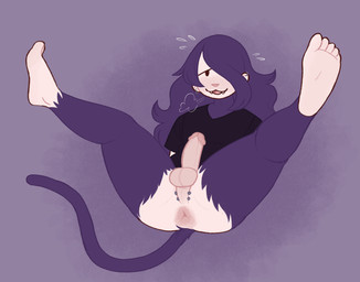 5_toes anthro anus balls bedroom_eyes bottomless bottomless_anthro bottomless_male clothed clothing darkened_anus darkened_balls darkened_genitalia darkened_penis ear_piercing erection fangs feet femboy fur genitals guiche_piercing half-closed_eyes humanoid_feet humanoid_genitalia humanoid_penis inviting looking_at_viewer male narrowed_eyes open_mouth open_smile penis perineum piercing plantigrade presenting presenting_anus presenting_balls presenting_penis purple_body purple_fur seductive shirt smile solo spread_legs spreading t-shirt teeth toes topwear v-neck v-neck_shirt y_anus wonderslug maple_(wonderslug) haplorhine mammal monkey primate hi_res