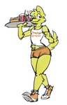 anthro beverage black_nose blonde_hair bottomwear bulge cheek_tuft clothing eyelashes facial_tuft femboy food footwear fur hair holding_object holding_plate hooters_uniform looking_at_viewer male midriff navel shirt shoes shorts smile solo tank_top text text_on_clothing text_on_shirt text_on_tank_top text_on_topwear topwear tuft waiter walking yellow_body yellow_fur artbyyellowdog femboy_hooters hooters roger_(artbyyellowdog) canid canine canis domestic_dog mammal 2020 digital_media_(artwork) english_text