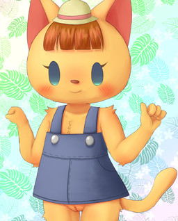 4_fingers abstract_background anthro bangs blue_eyes blunt_bangs blush brown_hair clothed clothing female fingers fur genitals hair hat headgear headwear no_underwear orange_body orange_fur pattern_background simple_background smile solo standing vulva young young_anthro bunnag animal_crossing nintendo katie_(animal_crossing) domestic_cat felid feline felis mammal digital_media_(artwork) hi_res shaded