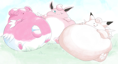 belly big_belly egg feral group morbidly_obese obese overweight pink_body sitting trio shweetmagnet nintendo pokemon blissey clefairy generation_1_pokemon generation_2_pokemon pokemon_(species) wigglytuff 2025 absurd_res hi_res