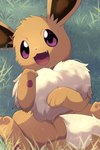 ambiguous_gender brown_body brown_fur chest_tuft dipstick_tail feral fur grass looking_at_viewer lying markings on_back outside pawpads paws plant solo spread_legs spreading tail tail_markings tuft rumine nintendo pokemon eevee generation_1_pokemon pokemon_(species) hi_res