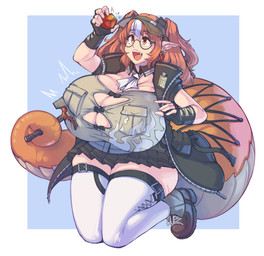 big_breasts boots bottomwear breast_expansion breasts clothing expansion eyewear female fingerless_gloves footwear glasses gloves hair hammer handwear holding_hammer holding_object holding_rock holding_tool huge_breasts humanoid_pointy_ears jacket legwear orange_hair pointy_ears shoes simple_background skirt smile solo stockings tail tail_holding_object tools topwear kittenboogers arknights hypergryph studio_montagne wulfenite_(arknights) animal_humanoid humanoid reptile reptile_humanoid scalie scalie_humanoid 2026 digital_media_(artwork) hi_res