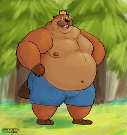 anthro belly big_belly biped black_nose bottomwear brown_body clothing crown headgear humanoid_hands king male mature_male moobs nipples outside overweight overweight_male plant royalty shirt shorts solo standing tail topwear tree baelliodile hoppers_(disney) king_george_(hoppers) beaver mammal rodent 2026 absurd_res hi_res