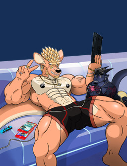 abs anthro arm_tattoo beard body_hair bulge chest_hair clothing controller duo facial_hair gaming jewelry lying male male/male muscular muscular_male necklace nipple_piercing nipples on_back piercing playing_video_game ring shirtless size_difference smile smiling_at_viewer spread_legs spreading switch_logo tattoo translucent vein isaaac_owo mythology isaac_wolk xolun_kordelvaly_van_del dragon kangaroo macropod mammal marsupial mythological_creature mythological_scalie scalie absurd_res alpha_channel hi_res