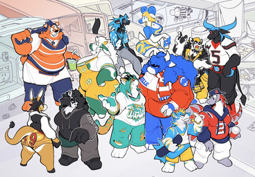 3_toes 4_fingers ambiguous_gender american_football anthro beak beverage big_butt black_body black_fur blue_body blue_fur bottomwear breasts brown_body brown_fur butt car cleavage clothed clothing cross dialogue facial_piercing feet female fingers food fur furgonomic_piercing furgonomics grey_body grey_scales group hair hat headgear headwear hoodie male mane medium_truck overalls overweight overweight_anthro overweight_female pants piercing pinata scales scarf shirt shorts skateboard snack sport tail tailgating text toes topwear truck uniform van vehicle white_body white_fur white_hair boot_(artist) boston_red_sox buffalo_bills carolina_panthers chicago_bears denver_broncos green_bay_packers houston_texans jacksonville_jaguars los_angeles_chargers los_angeles_rams mlb nfl philadelphia_eagles pittsburgh_steelers san_francisco_49ers green_bay_gal avian bear bird bovid bovine canid canine canis equid equine lizard mammal reptile scalie wolf yak 2026 english_text hi_res