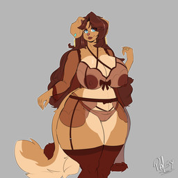 5_fingers anthro areola arm_tuft big_breasts big_tail biped blue_eyes bow_ribbon bra breasts brown_body brown_fur brown_hair clothing digit_ring ear_piercing elbow_tuft female fingers fur garter_belt garter_straps genitals hair jewelry legwear lingerie lips long_hair mature_anthro mature_female nipples piercing ring slightly_chubby solo standing tail tail_tuft tan_body tan_fur thick_thighs thigh_highs translucent translucent_bra translucent_clothing translucent_underwear tuft underwear vulva wedding_ring wide_hips polsy rhoda_(inu-sama) canid canine canis domestic_dog mammal 1:1 absurd_res hi_res