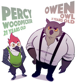 anthro beak black_bottomwear black_clothing black_pants bottomwear brown_body character_age checkered checkered_clothing checkered_footwear checkered_shoes clothing collared_shirt dress_shirt duo footwear hand_in_pocket male overalls pants pattern_clothing pattern_footwear pattern_shoes pockets serious shirt shoes simple_background standing tank_top text topwear white_background white_body yellow_sclera t0l0k owen_(t0l0k) percy_(t0l0k) avian bird owl picid woodpecker 2025 character_name digital_media_(artwork) hi_res