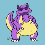 anthro belly big_belly claws green_eyes holding_belly male purple_body smile smirk snout solo standing teeth toe_claws yellow_belly rainy_ram nintendo pokemon octariax alligator alligatorid crocodilian generation_5_pokemon hybrid krookodile pokemon_(species) reptile scalie 1:1 hi_res