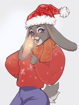 anthro bottomwear buckteeth christmas_clothing christmas_headwear clothing female fur grey_body grey_fur hat headgear headwear holidays multicolored_body multicolored_fur open_mouth pants purple_eyes santa_hat scarf solo sparkler sweater teeth topwear two_tone_body two_tone_fur flururu christmas disney zootopia judy_hopps lagomorph leporid mammal rabbit 2025 digital_media_(artwork)