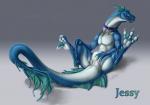 2015 anus aquatic_dragon blue_body blue_eyes blue_skin claws collar digitigrade dragon english_text female feral fin genitals hi_res jessy_(neus) karukuji looking_away looking_back lying marine mythological_creature mythological_scalie mythology presenting presenting_pussy pussy reptile scalie simple_background sitting solo spread_legs spreading submissive submissive_female submissive_feral tail text wingless_dragon