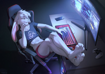 4_toes 5_fingers anthro barefoot big_ears biped black_eyebrows bottomwear buckteeth butt cellphone chair cheek_tuft claws clothed clothed_anthro clothed_male clothing collarbone computer computer_keyboard crop_top crossed_legs desk electronics eyebrows facial_tuft feet feet_up femboy finger_claws fingers front_view fully_clothed fully_clothed_anthro fully_clothed_male fur fur_tuft furniture green_eyes grey_clothing grey_crop_top grey_shirt grey_t-shirt grey_topwear hair high-angle_view hotpants humanoid_hands humanoid_heel inside iris keyboard light long_ears looking_at_computer looking_at_object looking_at_screen male male_anthro midriff monotone_body monotone_fur monotone_hair mouth_closed navel on_chair phone pink_bottomwear pink_clothing pink_inner_ear pink_shorts plantigrade pupils reclining screen shirt short_hair shorts sitting sitting_on_chair slim slim_anthro slim_male smartphone soles solo t-shirt table teeth toes topwear tuft white_body white_claws white_ears white_fur white_hair white_sclera white_tuft flaich dylan_taylor lagomorph leporid mammal rabbit 2026 digital_drawing_(artwork) digital_media_(artwork) full-length_portrait hi_res lighting portrait shaded