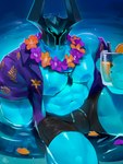 armor beachwear beverage blue_body blue_eyes blue_neck blue_skin clothing flower_accessory headgear helmet lei male muscular solo swimming_trunks swimwear water saury_(artist) league_of_legends riot_games tencent mordekaiser_(lol) humanoid spirit 3:4 absurd_res hi_res