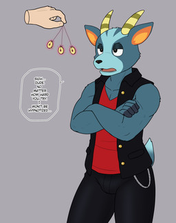 annoyed anthro antlers black_eyes blue_body blue_fur bottomwear bulge clothed clothing fur horn hypnosis male mind_control pants shirt sleeveless_shirt solo text topwear hypno_neet animal_crossing nintendo bruce_(animal_crossing) deer mammal 2025 absurd_res hi_res