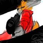 anthro canid canine ceto_zofumee clothed clothing fox gun looking_back male mammal ranged_weapon solo weapon