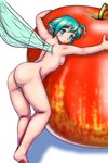 ahoge apple big_butt blue_eyes blue_hair blush breasts butt eyelashes female food fruit genitals hair humanoid_pointy_ears insect_wings light_body light_skin looking_at_viewer looking_back looking_back_at_viewer micro plant pointy_ears pussy rear_view simple_background small_breasts solo thick_thighs white_background wide_hips wings orizendau humanoid pixie winged_humanoid hi_res