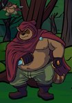 2024 anthro bottomwear brown_body caesarcub canid canine clothing detailed_background humanoid_hands male mammal moobs nipples outside overweight overweight_male pants plant raccoon_dog solo tanuki tree