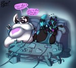 anthro bag burgers chips_(food) controller dark_room duo female food furniture game_controller junk_food male navel obese overweight pizza sofa table text pyne mammal procyonid raccoon absurd_res english_text hi_res