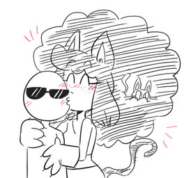 afro ambiguous_gender blush blush_lines breasts clothed clothed_female clothed_humanoid clothing emanata eyebrows eyelashes eyes_closed eyewear female female/ambiguous feral freckled_face freckles group hair kissing kissing_cheek shirt simple_background sunglasses tail tank_top topwear trio wearing_sunglasses white_background jinu anon katthy_(jinu) tumblr_anonymous animal_humanoid cat_humanoid domestic_cat felid felid_humanoid feline feline_humanoid felis human humanoid mammal mammal_humanoid 2017 digital_drawing_(artwork) digital_media_(artwork) english_description greyscale monochrome restricted_palette