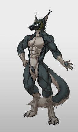 anthro codpiece digitigrade machine male multicolored_body muscular protogen_visor scar solo tassels masongreen hybrid protogen absurd_res hi_res