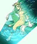 4_toes 5_fingers anthro blonde_hair claws feet fingers fur hair male multi_nipple nipples nude outside plant solo swimming_pool toes yellow_body yellow_fur lakehounds felid feline mammal hi_res