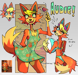 anthro arm_tuft ball bangs beach_ball bikini blep blonde_hair blue_eyes blush blush_lines clothing dress elbow_tuft eyelashes eyeshadow eyewear facial_tuft female fluffy fluffy_tail fur grimace hair inflatable long_eyelashes looking_at_viewer makeup open_mouth open_smile orange_body orange_fur shoulder_tuft simple_background smile solo standing sunburn sundress sunglasses swimwear tail tear_trough text tongue tongue_out tuft two-piece_swimsuit yellow_eyeshadow zorronine animal_crossing nintendo audie_(animal_crossing) canid canine fox mammal 2024 artist_name cel_shading digital_drawing_(artwork) digital_media_(artwork) hi_res shaded