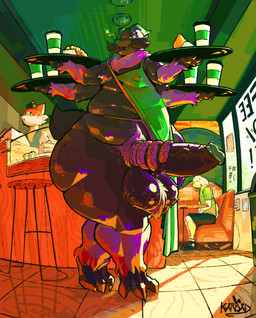 4_arms anthro apron apron_only areola ball_tuft balls belly big_penis bodily_fluids body_hair bread breasts cake cash_register clothing coffee_cup coffee_shop container coxinha croissant cup cupcake dark_body dark_skin dessert detailed_background doughnut_fucking doughnut_on_penis exhibitionism flustered food food_fetish food_on_penis food_play fur furniture genitals glistening glistening_balls glistening_body glistening_breasts glistening_genitalia glistening_penis glistening_thighs green_apron green_clothing group hairy_balls light male mostly_nude multi_arm multi_limb napkin nipple_outline pastry penis penis_in_food pubes pubes_on_food public public_nudity purple_areola purple_body purple_fur reflective_floor serving_beverage serving_food serving_tray smug_face solo_focus spiked_balls spiked_penis spikes spikes_(anatomy) stool sunlight sweat sweatdrop tail thick_thighs trio tuft vein veiny_penis vibrant_background karbun starbucks sprocket_(gamergunki) arachnid arthropod canid canine fox mammal spider absurd_res hi_res