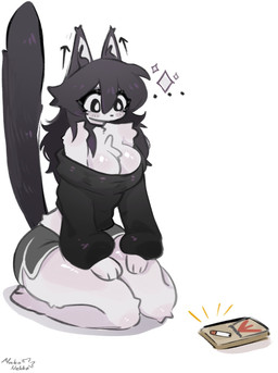 anthro bare_shoulders black_clothing black_eyes black_nose black_sweater black_tail black_topwear bottomwear breasts choker cigarette cleavage clothed clothing directional_arrow dolphin_shorts ears_up ellipsis female female_anthro fully_clothed fur hair jewelry kneeling long_hair long_tail looking_at_object looking_down medium_breasts mouse_trap necklace pupils raised_tail shorts shoulderless_sweater simple_background sitting_on_knees solo sparkles sweater tail thick_thighs topwear trap_(contrivance) tuft white_background white_body white_eyes white_fur white_tuft makonekko mako_(makonekko) domestic_cat felid feline felis mammal 2025 digital_drawing_(artwork) digital_media_(artwork) hi_res signature
