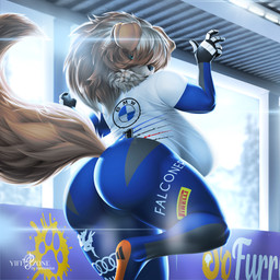 anthro big_breasts big_butt blue_eyes breasts brown_body brown_fur brown_hair butt butt_focus clothing covered_eyes female fluffy fluffy_tail fur gloves hair handwear huge_breasts huge_butt logo_on_clothing looking_at_viewer multicolored_hair neck_tuft outside raised_arm raised_tail slightly_chubby slightly_chubby_anthro slightly_chubby_female solo sponsor tail thick_thighs tight_suit tuft two_tone_hair wide_hips memonius adidas audi bmw bmw_group fallout furaffinity microsoft pirelli sofurry juno_(charliecorvinus) yes_man_(fallout) canid canine canis domestic_dog livestock_guardian_dog mammal molosser mountain_dog pastoral_dog tibetan_mountain_dog 1:1 absurd_res hi_res