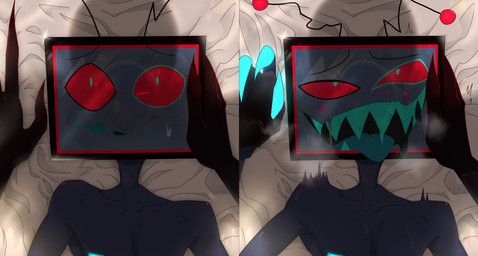 ahegao antennae_(anatomy) anthro blue_body blue_skin blue_teeth bodily_fluids duo electronics fellatio first_person_view for_a_head hand_on_another's_face imminent_sex looking_at_another looking_at_partner looking_down looking_pleasured looking_up male male/male neck_tuft oral penile red_eyes reflection saliva screen screen_face sex sharp_teeth solo_focus teeth television text tuft cprkaaroo hazbin_hotel hellaverse valentino_(hazbin_hotel) vox_(hazbin_hotel) arthropod demon demon_humanoid humanoid insect lepidopteran moth object_head screen_head tv_head 2023 absurd_res english_text hi_res signature