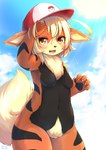 anthro anthrofied arcanine black_body black_fur blonde_hair blush breasts canid chest_tuft clothing day featureless_breasts female fur generation_1_pokemon hair hat hat_only headgear headgear_only headwear headwear_only hi_res kemono looking_at_viewer mammal mostly_nude multicolored_body multicolored_fur nintendo open_mouth orange_body orange_fur outside pokemon pokemon_(species) pokemorph pubes shiitakemeshi smile solo standing stripes tuft yellow_eyes